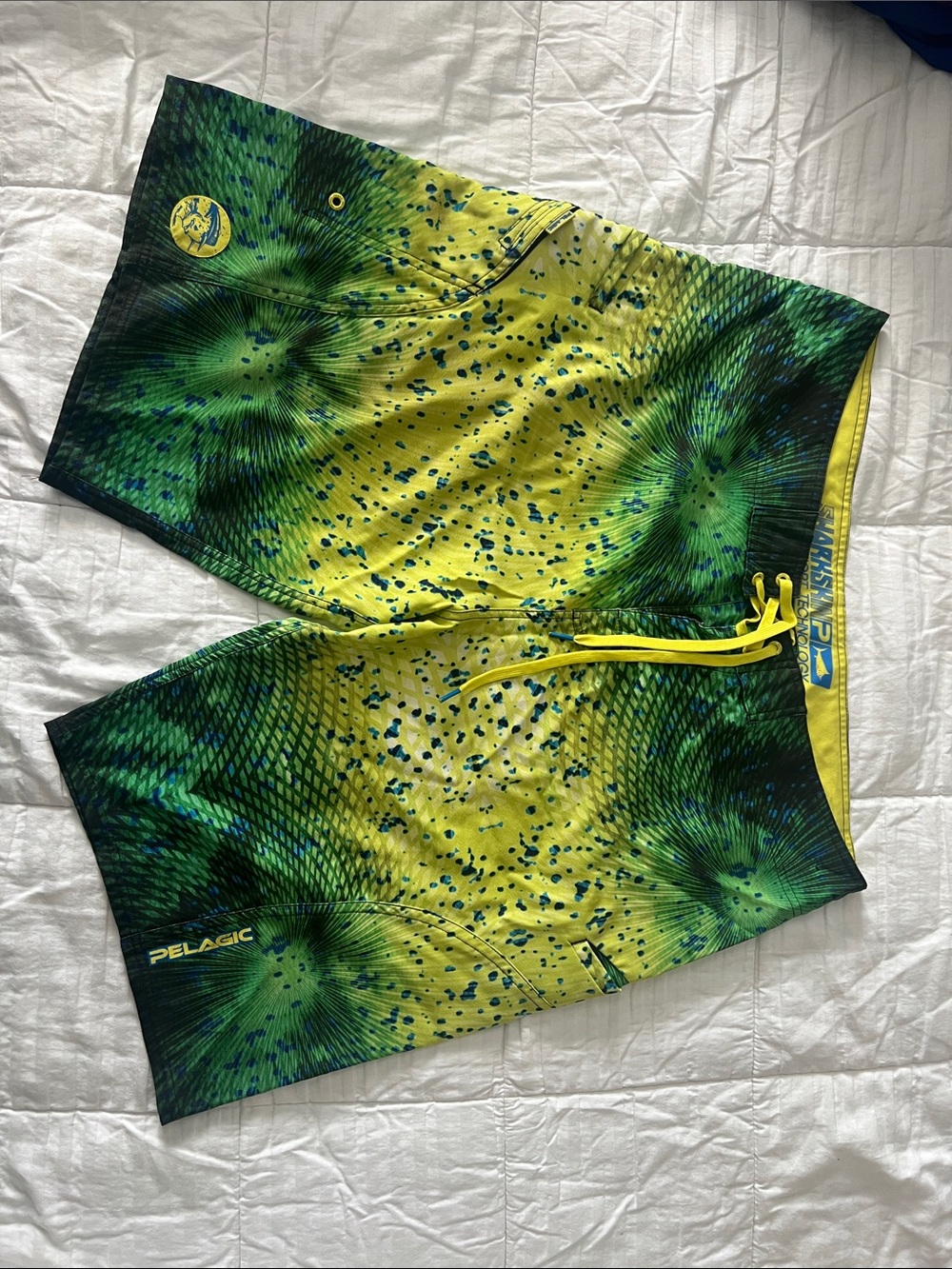 Pelagic Men’s Green and Yellow Graphic Board Shorts